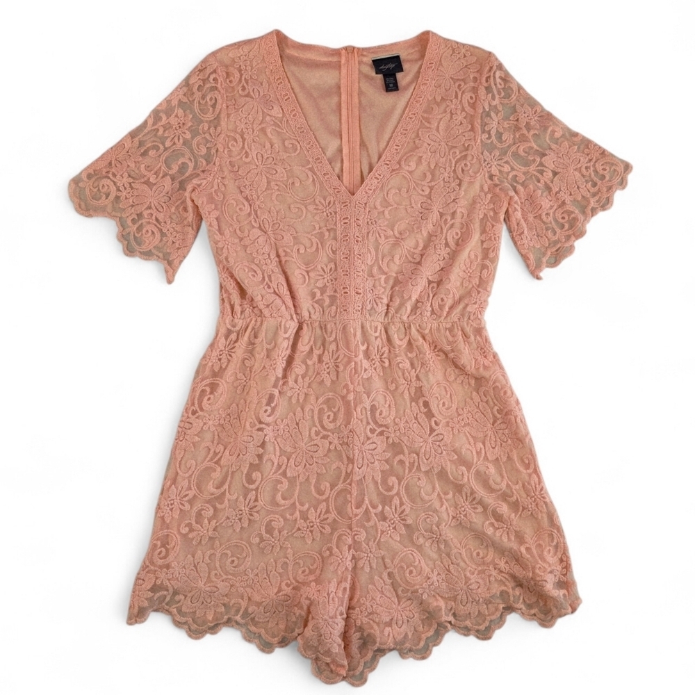 Romantic Feminine Lace V Neck Pink Romper Scalloped Hem Size M Boho Festival